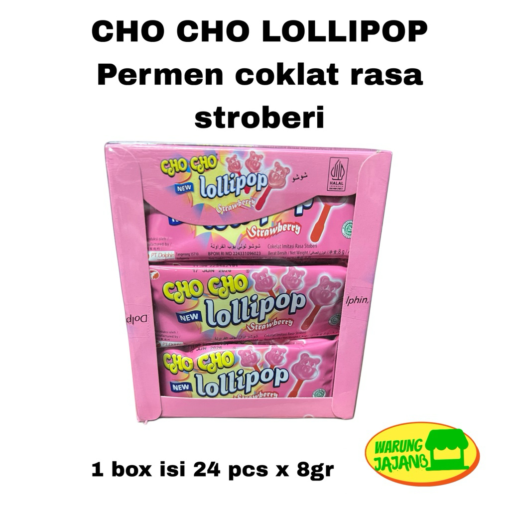 

CHO CHO Lollipop Coklat Rasa Strawberry Permen Cokelat 1 pack isi 24pcs x 8gr
