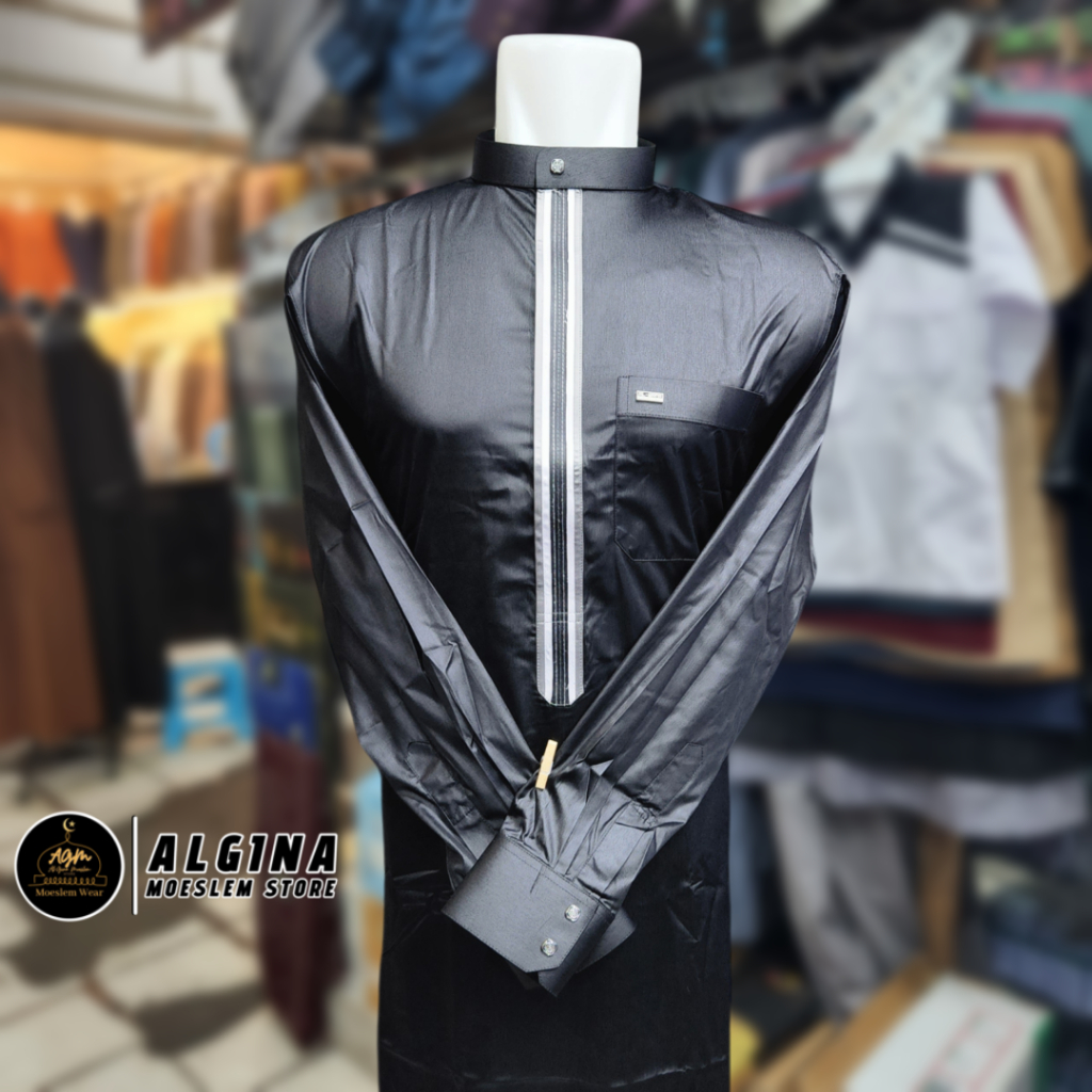 Gamis Al Wafa Hitam Lengan Panjang Resleting Kancing Thailand | Jubah Muslim Lengan Panjang Al Wafa 