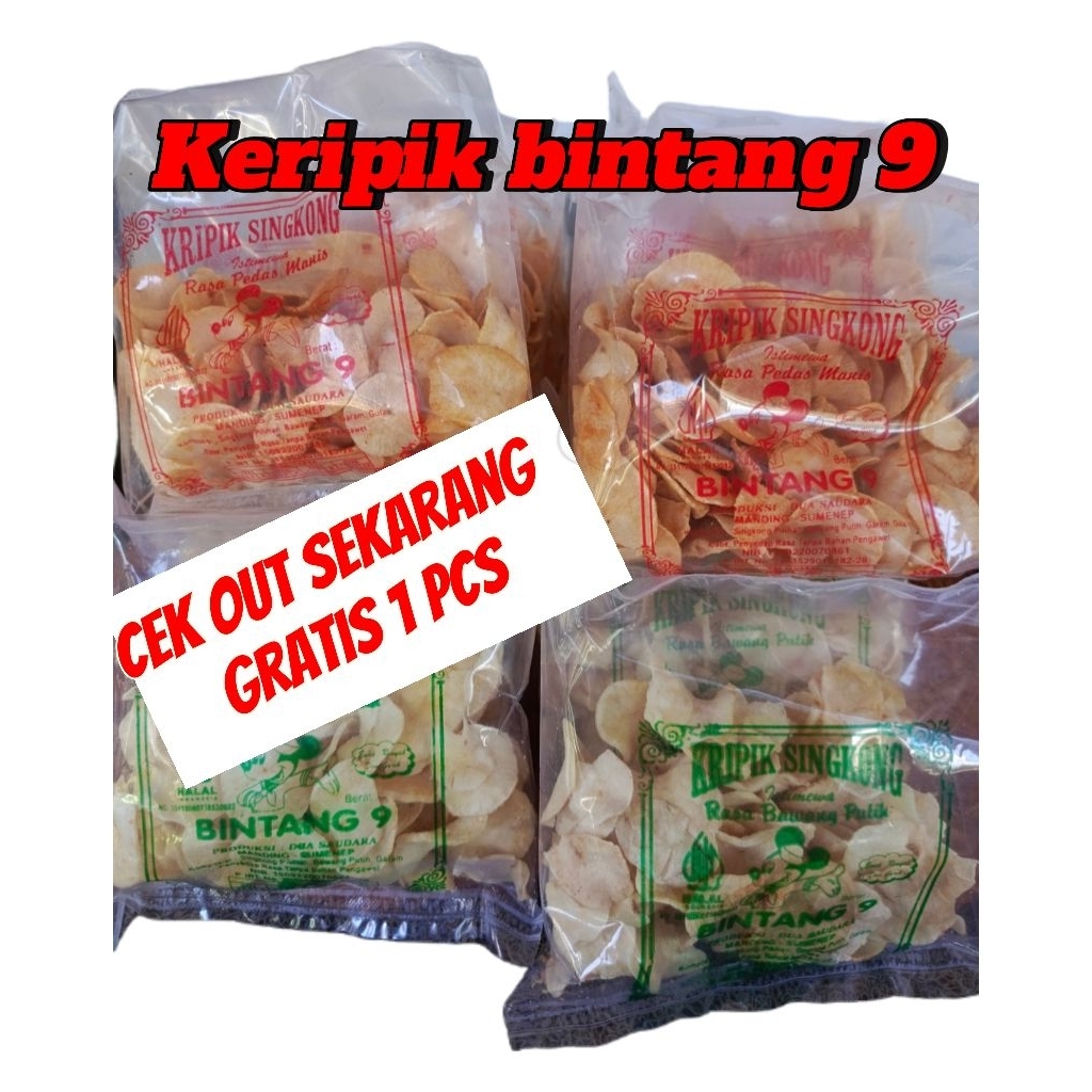 

Keripik bintang 9 Manding Sumenep Madura.isi 10 pcs.850 gr.2 varian rasa. bawang & Manis pedas