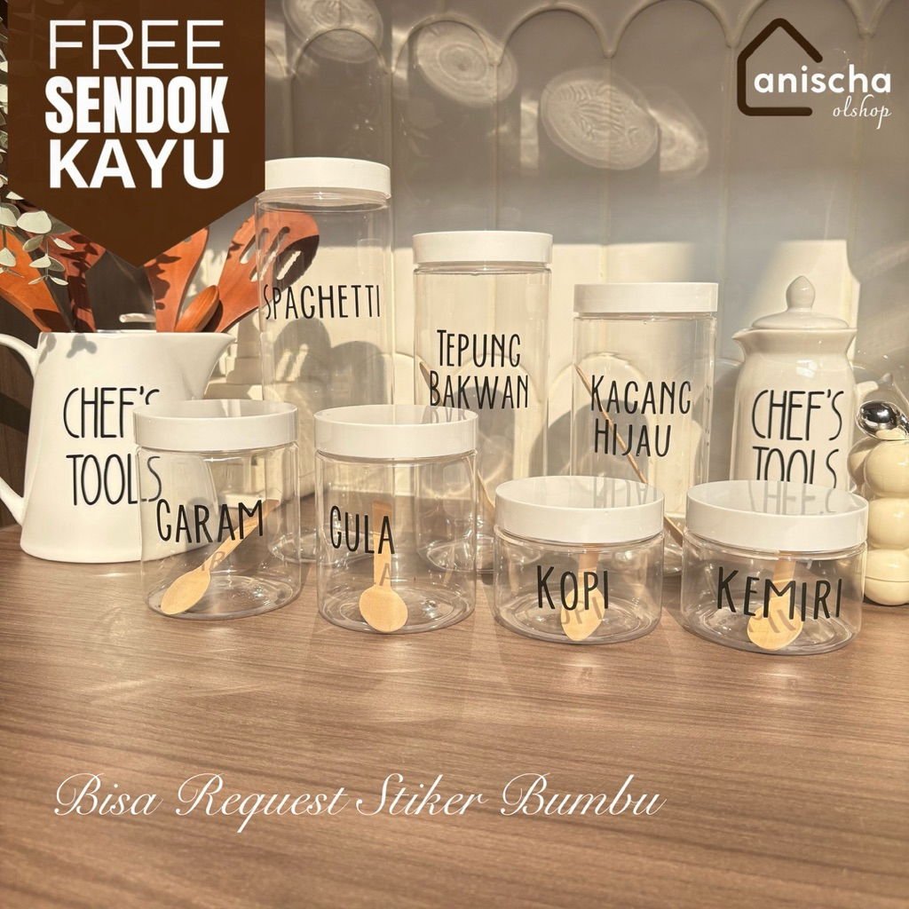 (Free Sendok Kayu) Anischa Toples Bumbu Dapur Tutup Putih Toples Estetik Free Stiker Cutting (EA htm