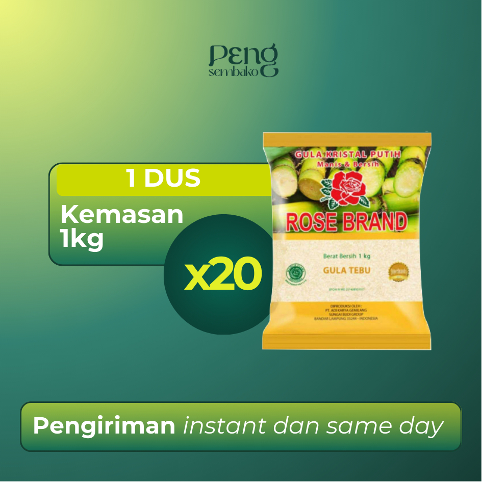 

ROSE BRAND Kemasan Gula Kristal Putih Tebu / Gula Pasir 1kg (1kg x 20pcs)