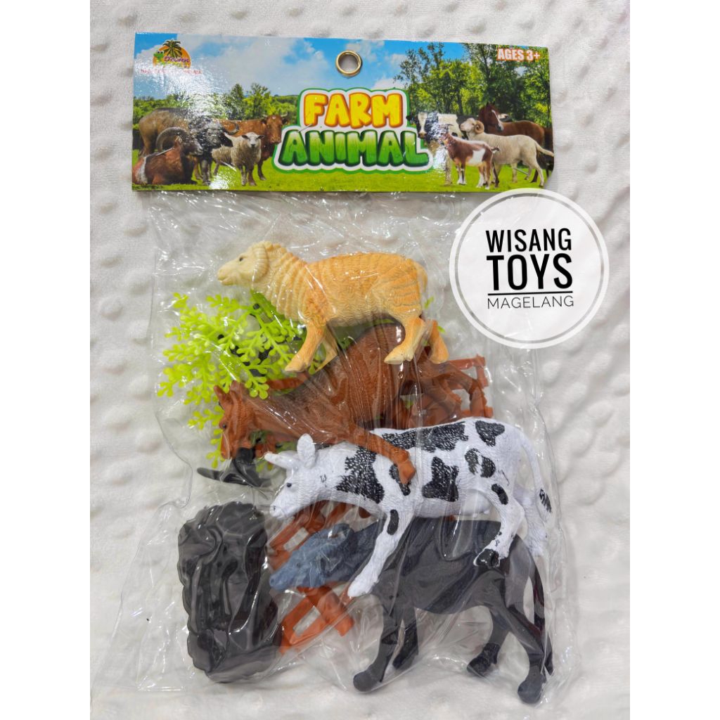 Mainan binatang karet hewan ternak sapi kambing domba kerbau pohon batu kandang isi 4 pcs binatang k