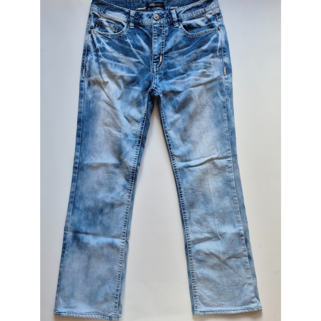 FRJ Jeans Indigo Urban Streetwear Distressed Straight Celana Panjang Denim Motif Fading