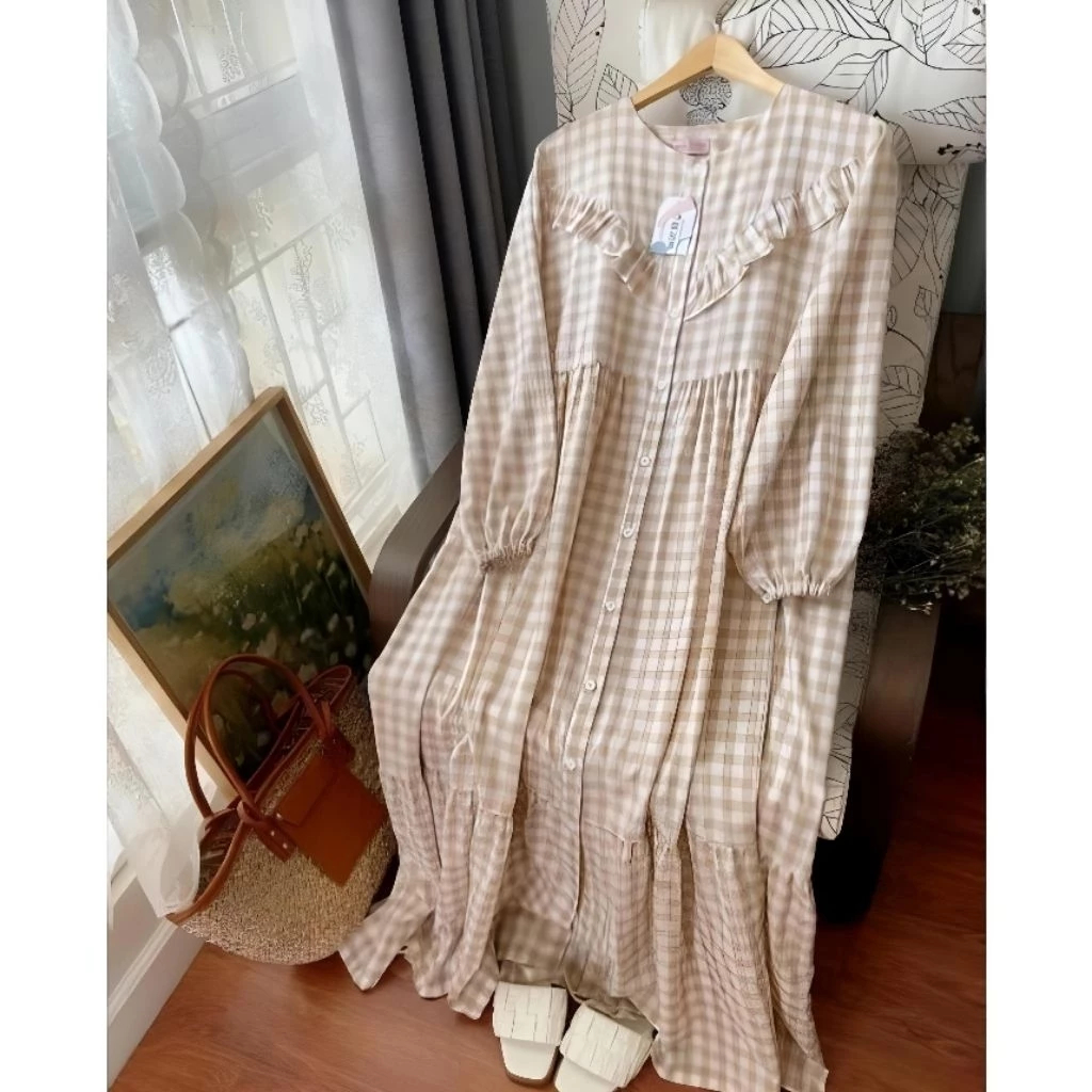 Promo COD Gingham Midi Dress Reyna Hayya Tartan Jumbo Premium Katun Viral // Gamis Wanita //