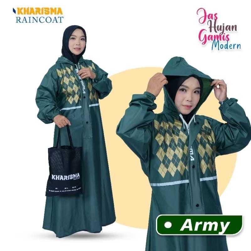 KHARISMA Jas Hujan Gamis Motif Wanita Muslimah/Jas Hujan Army