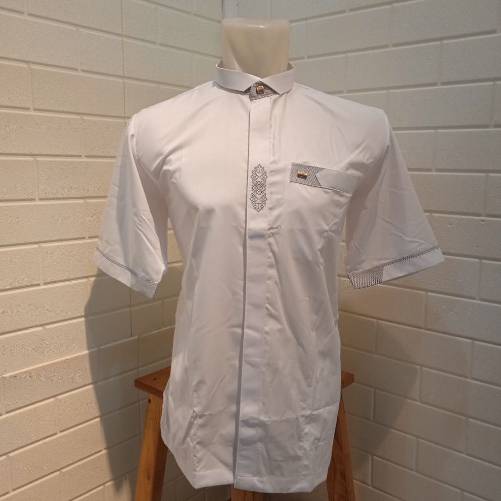 Baju Koko Busana Muslim Pria Alraz Tipe Zidan Warna Putih Polos Kancing Full Lengan Pendek