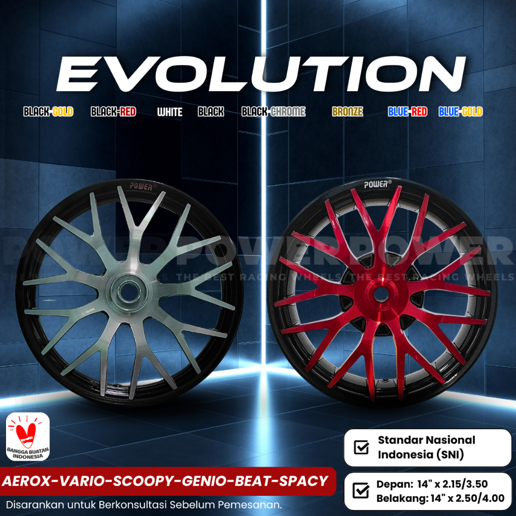 VELG EVOLUTION PALANG 9 RING 14 | VELG MOTOR AEROX VARIO SCOOPY BEAT | VELG RACING MERK POWER