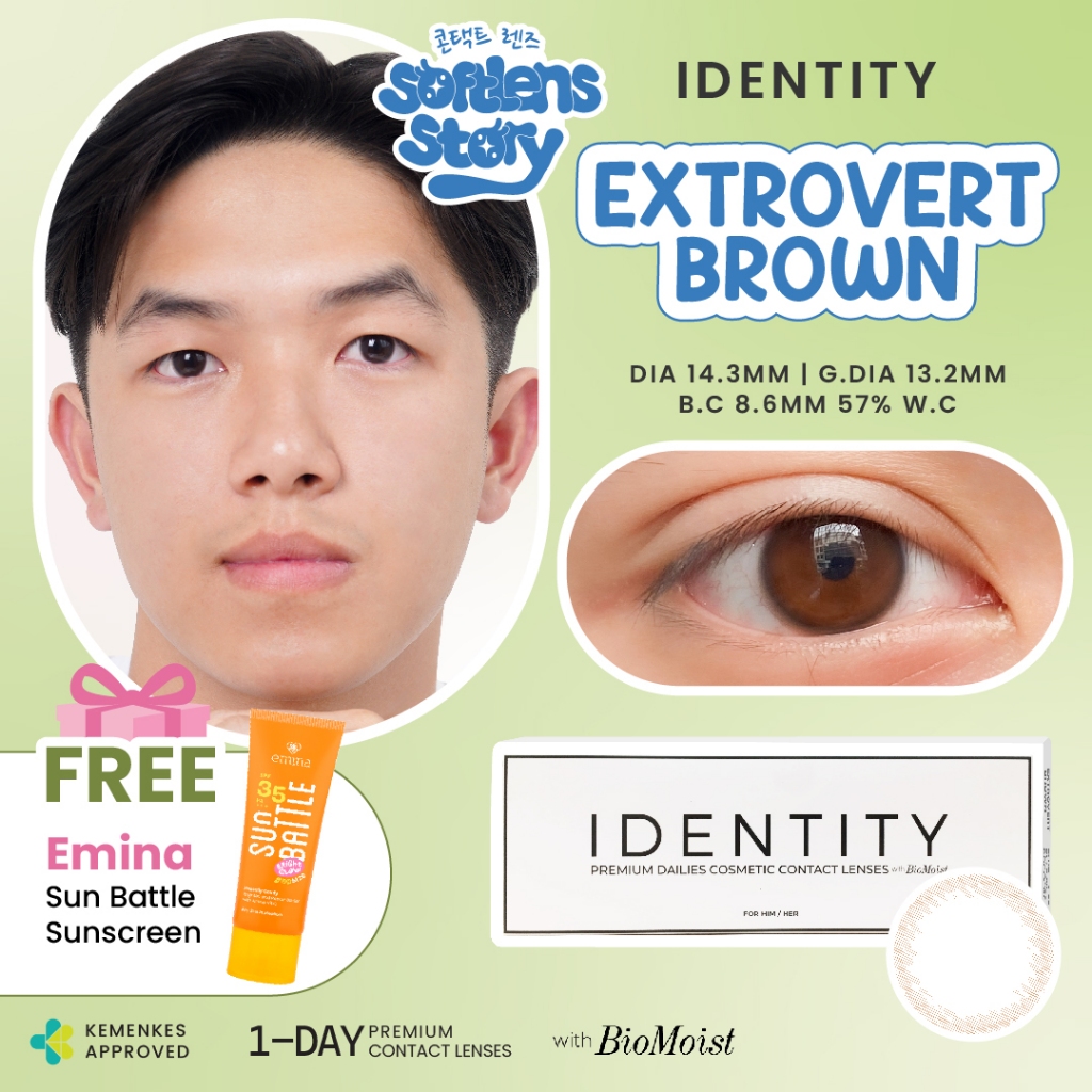 FREE EMINA Identity Extrovert Brown With Biomoist 5 Pasang | 14.3mm Soflens Harian | Soflen Natural 