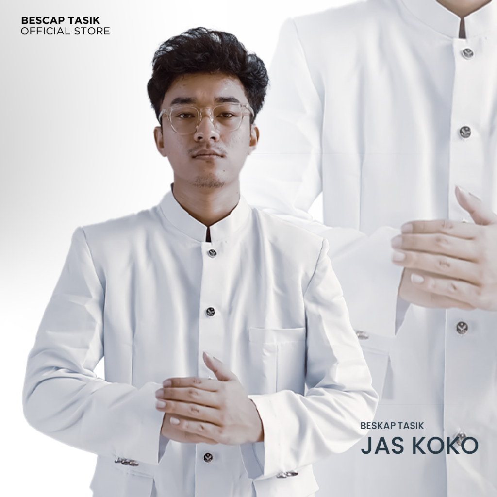 Beskap Jas Koko Pria Muslim Premium Putih Polos Motif Saku Tutup S-XXL