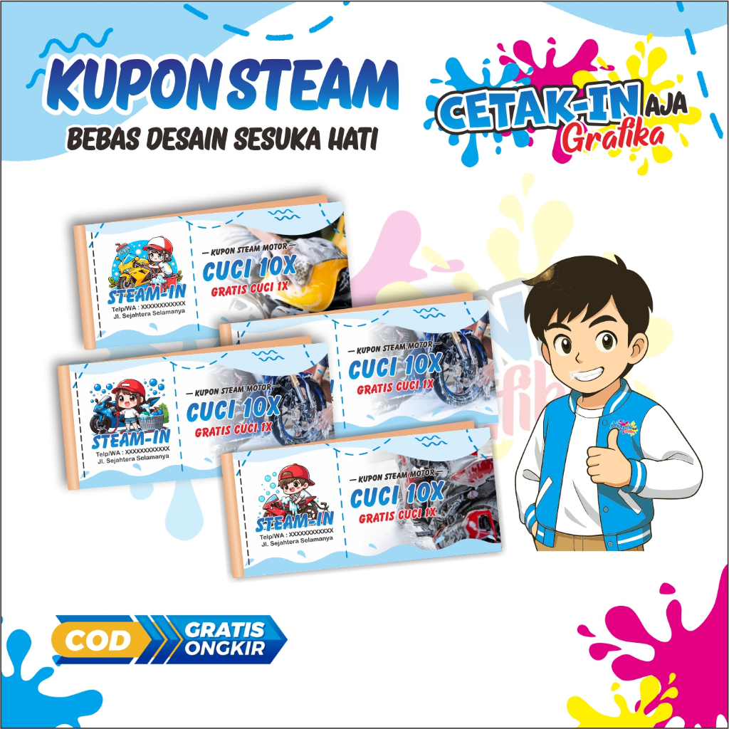 

Cetak Kupon Steam Motor Custom | Kualitas Tajam & Awet | CETAK-IN AJA Grafika