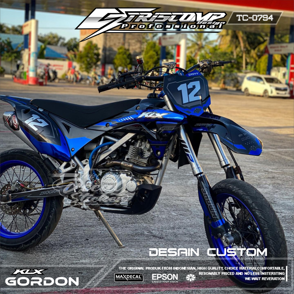 Stiker Fullbody decal KLX GORDON motif bahan Chrome hitam Biru Candy keren Desain custom bisa reques