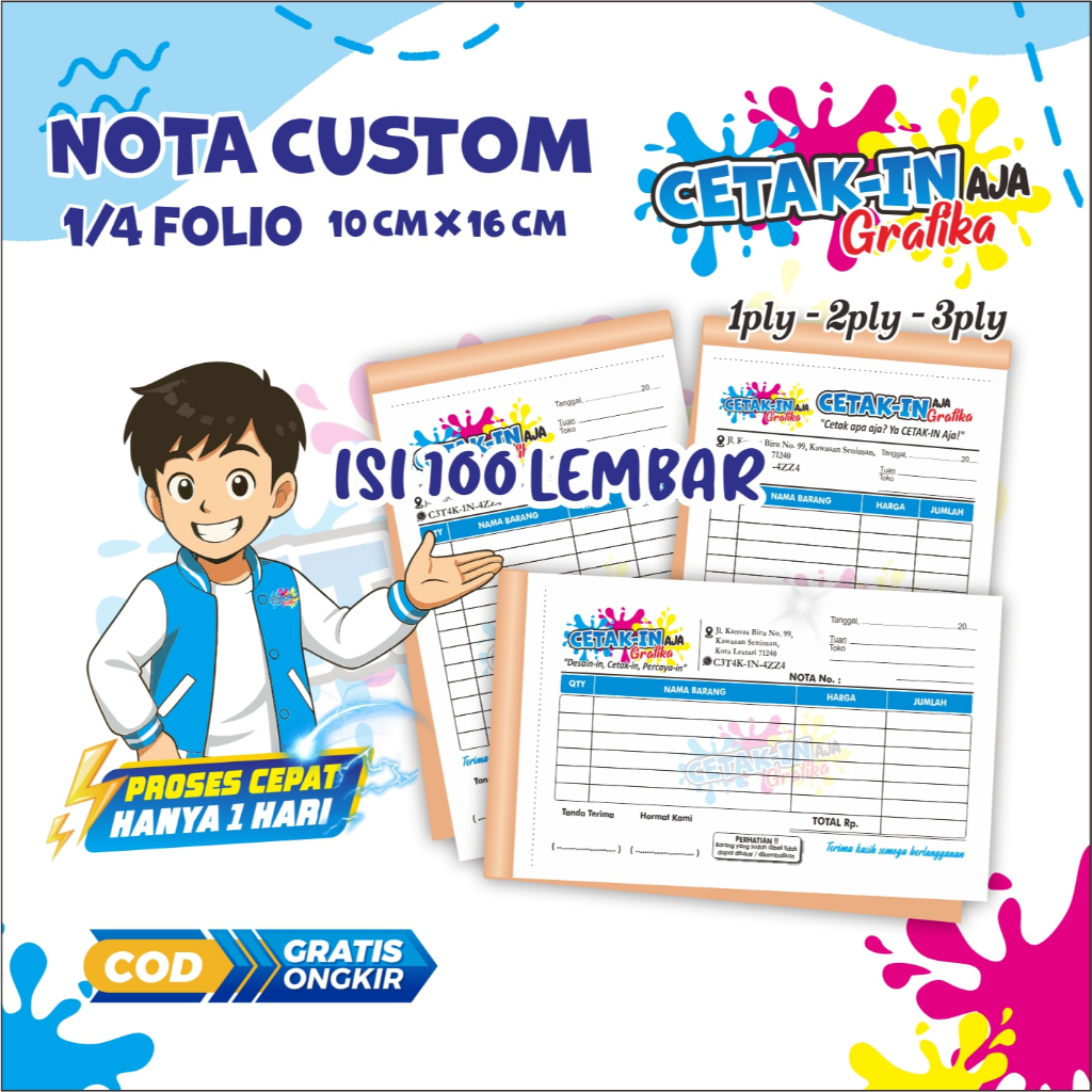 

100 LEMBAR Nota Custom - Free Request Warna & Template - 1/4 1ply 2ply 3ply | Cetak-in Grafika