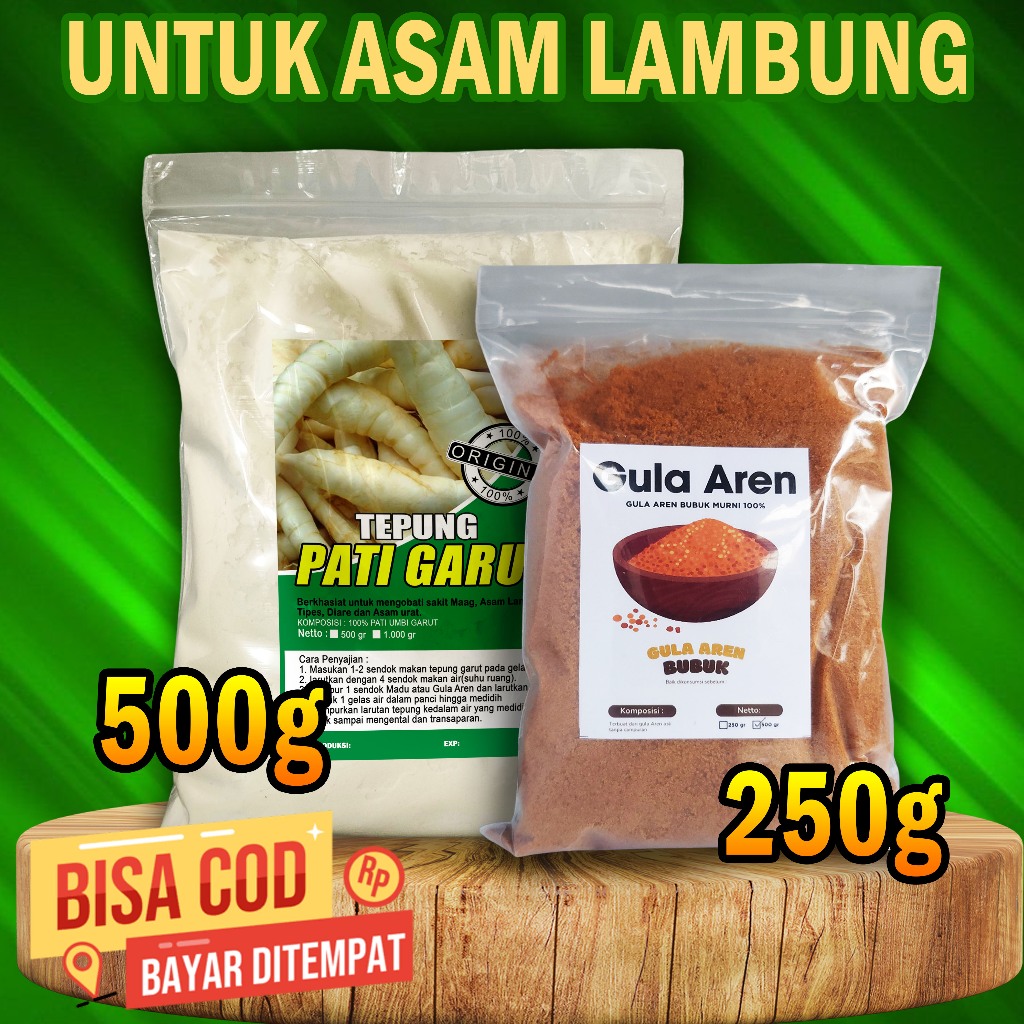 

Tepung Garut Asam Lambung 500g + Gula Aren 250g