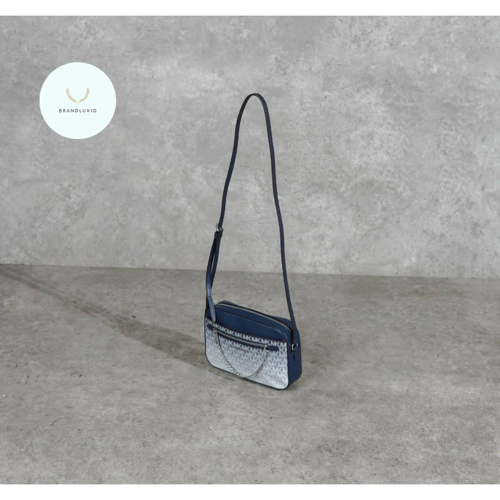 Michael Kors MK Monogram SHW Gradient White Chain Camera Bag in Navy