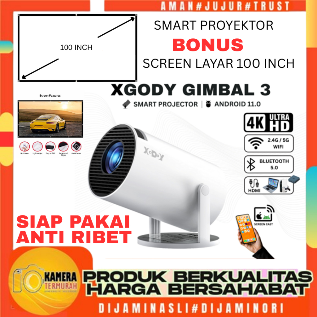 Xgody Gimbal3 Proyektor Android 11 Netflix YouTube