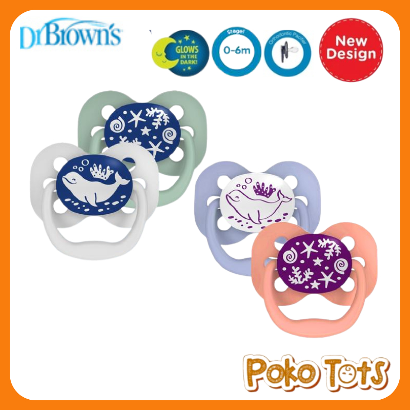 Dr. Brown's Advantage Glow In The Dark 0-6m Silicone Pacifier Stage 1 Isi 2 pcs Soother Pacifier Emp
