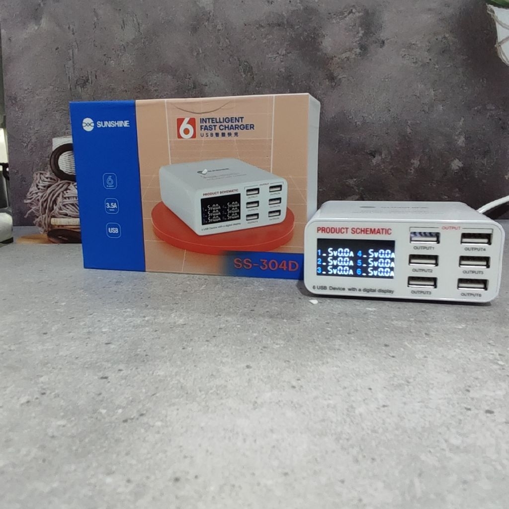 ADAPTOR CHARGER FAST CHARGING LIGHTING 6 USB SUNSHINE SS304D / SS-304D