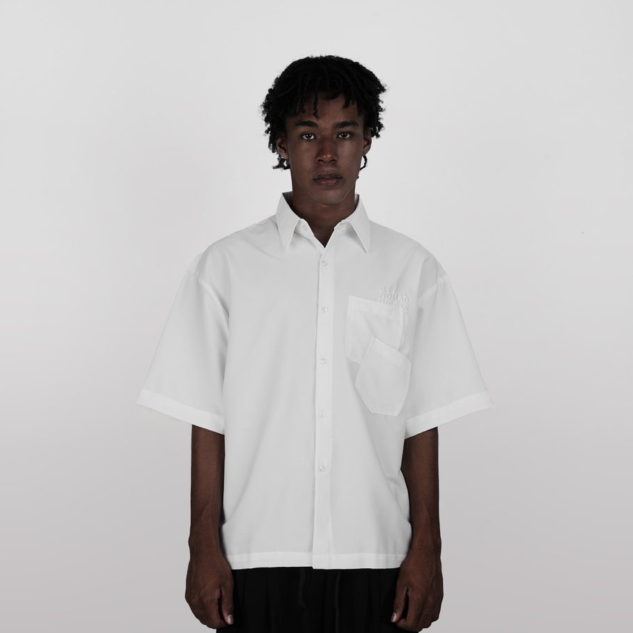 Nomadstudio - White Double Pocket Stripe Crinkle Boxy Overshirt Shirt