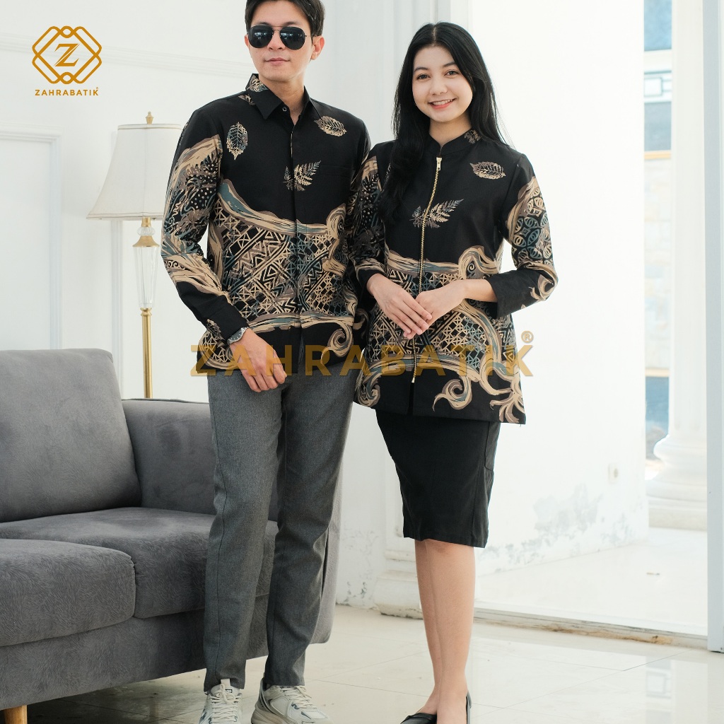 Batik Zahra-Batik Pria Lengan Panjang-Tunik Wanita-Batik Pasangan-Motif Kalpataru Warna Hitam Mint