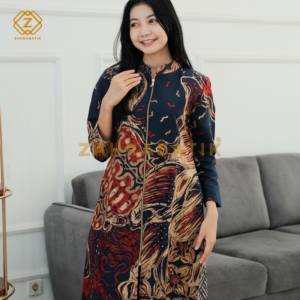 Batik Zahra-Tunik Wanita-Motif Abstrak Daun Warna Biru kombinasi Coklat