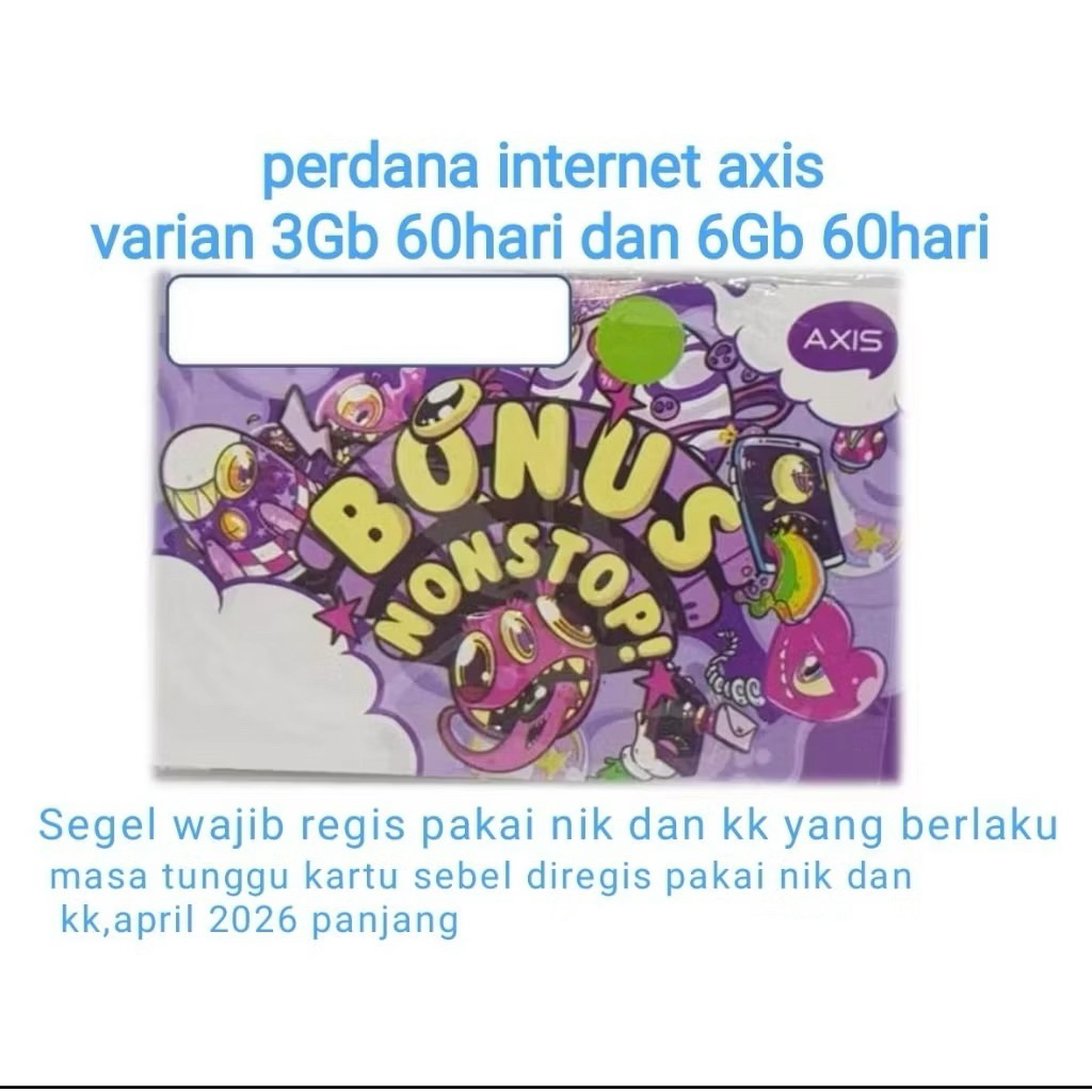 kartu perdana axis 3Gb 60hari || 6Gb 60hari full 24jam (segel belum registrasi)
