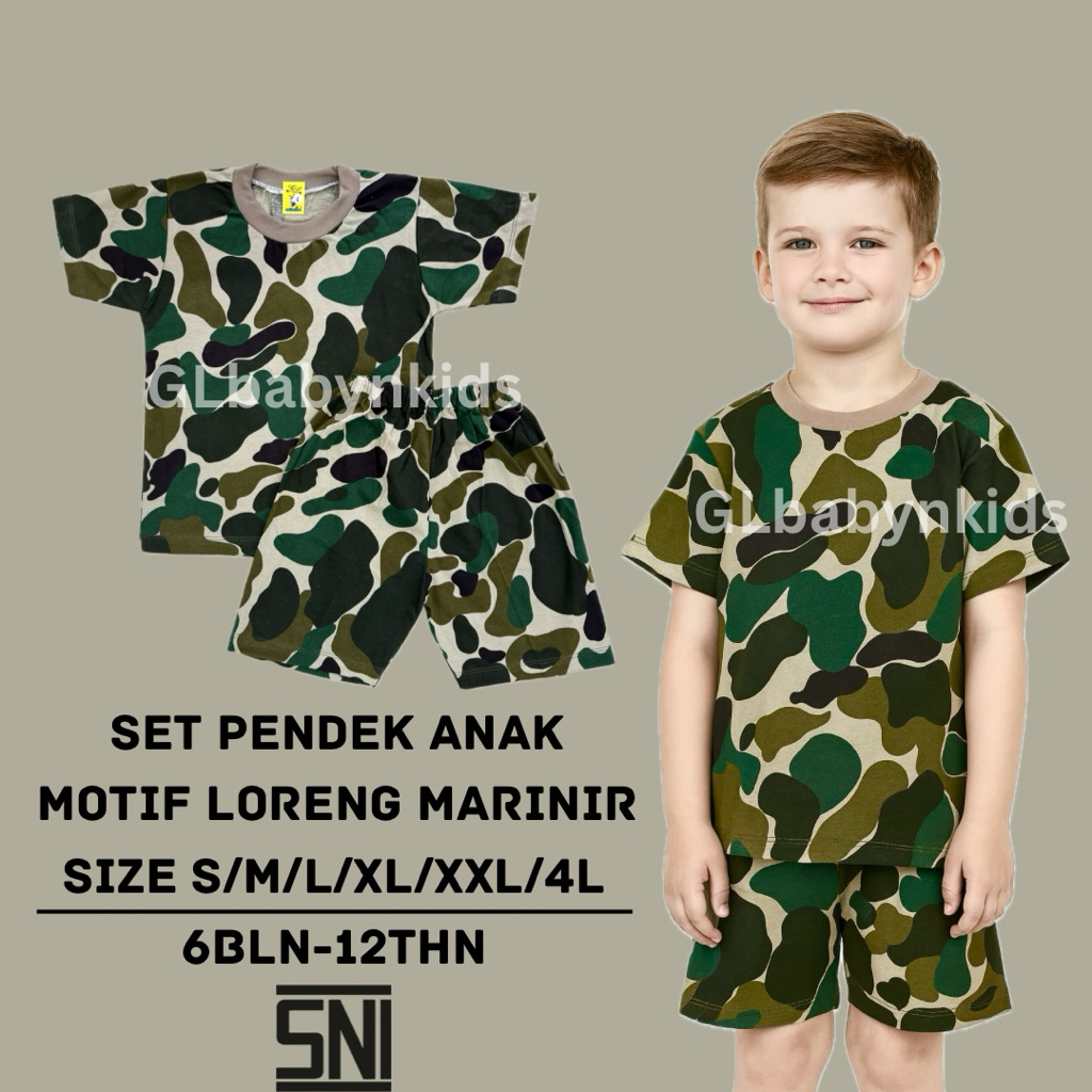 GLbabynkids Setelan Pendek Anak Loreng Tentara Marinir Katun SNI