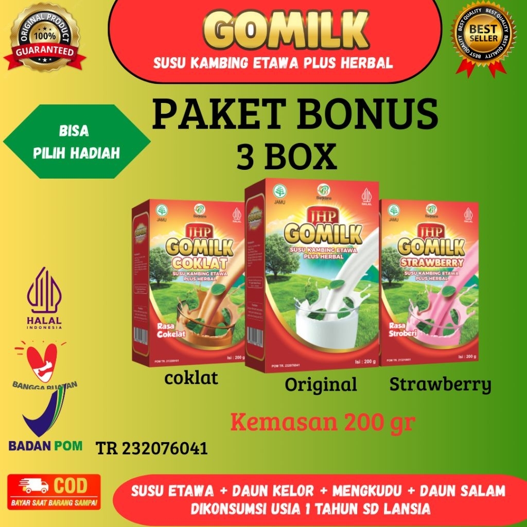 

[ bisa pilih hadiah ] PAKET 3 BOX GOMILK Susu Kambing Etawa Plus Herbal 200gr