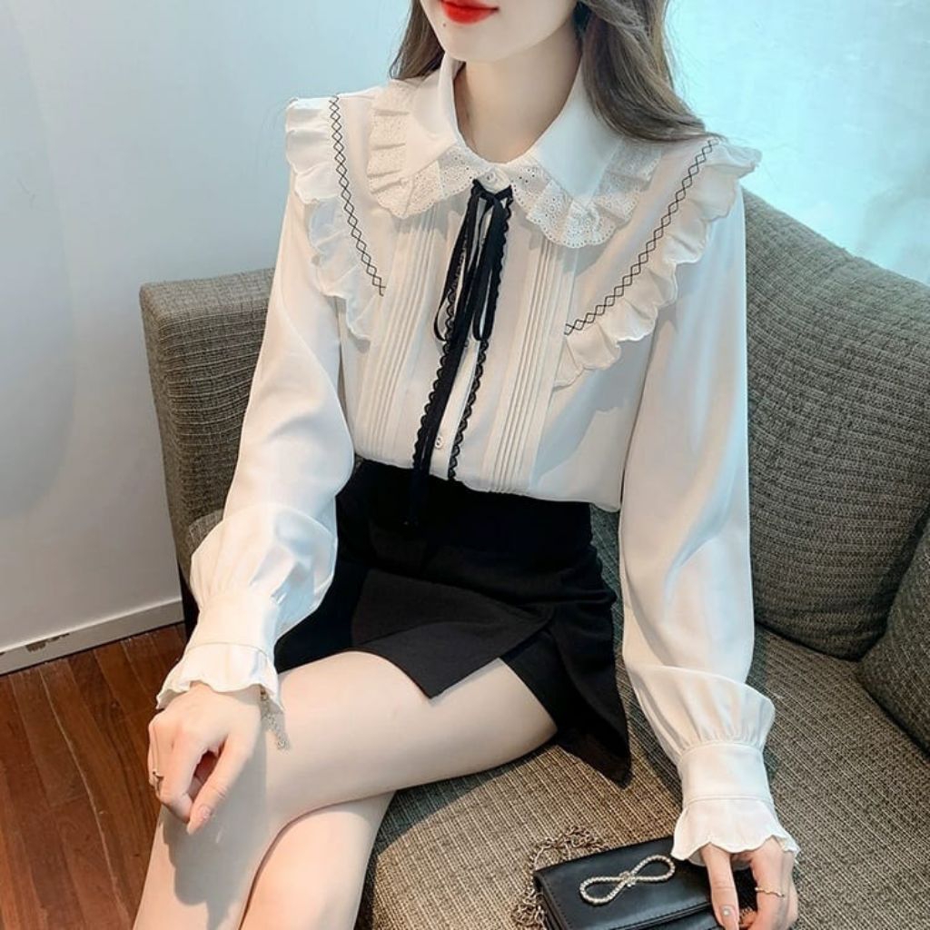 2014 Baju atasan kemeja HEIDI RUFFLE Rempel lengan panjang putih Korean style Wanita Premium import 
