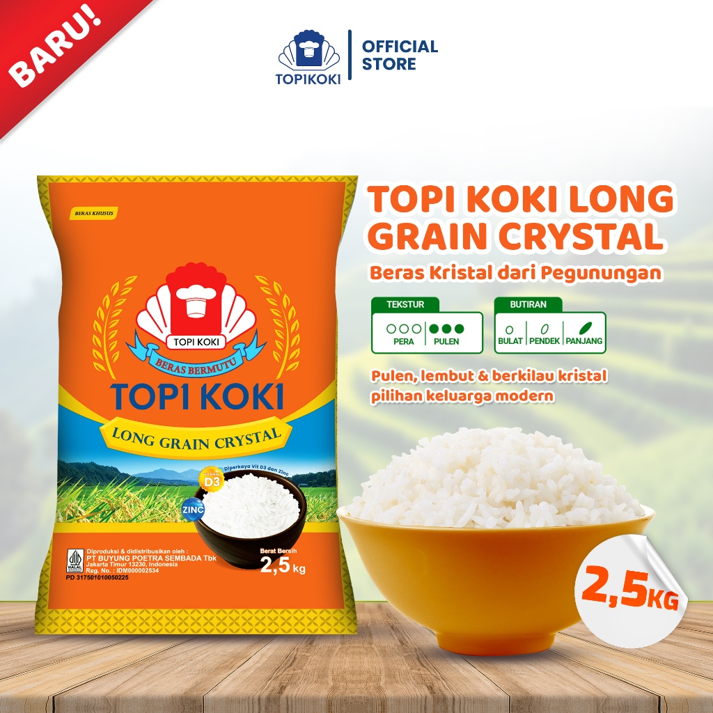 

Topi Koki Long Grain Crystal 2.5 kg – Beras Kristal dari Pegunungan, Pulen, Lembut, Mengandung Vitamin D3 & Zinc