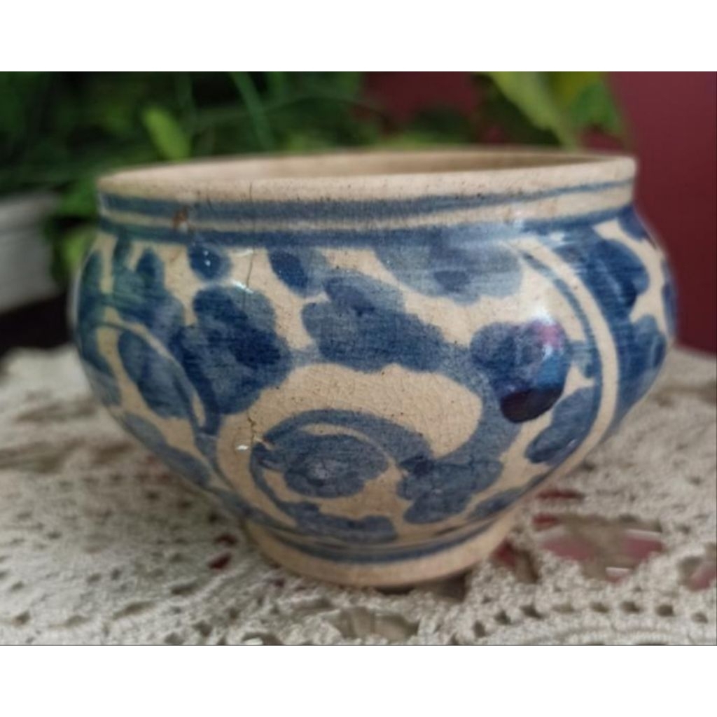 Guci mangkok Kuno China handmade glasir Biru pecah seribu Minus Retak Rambut