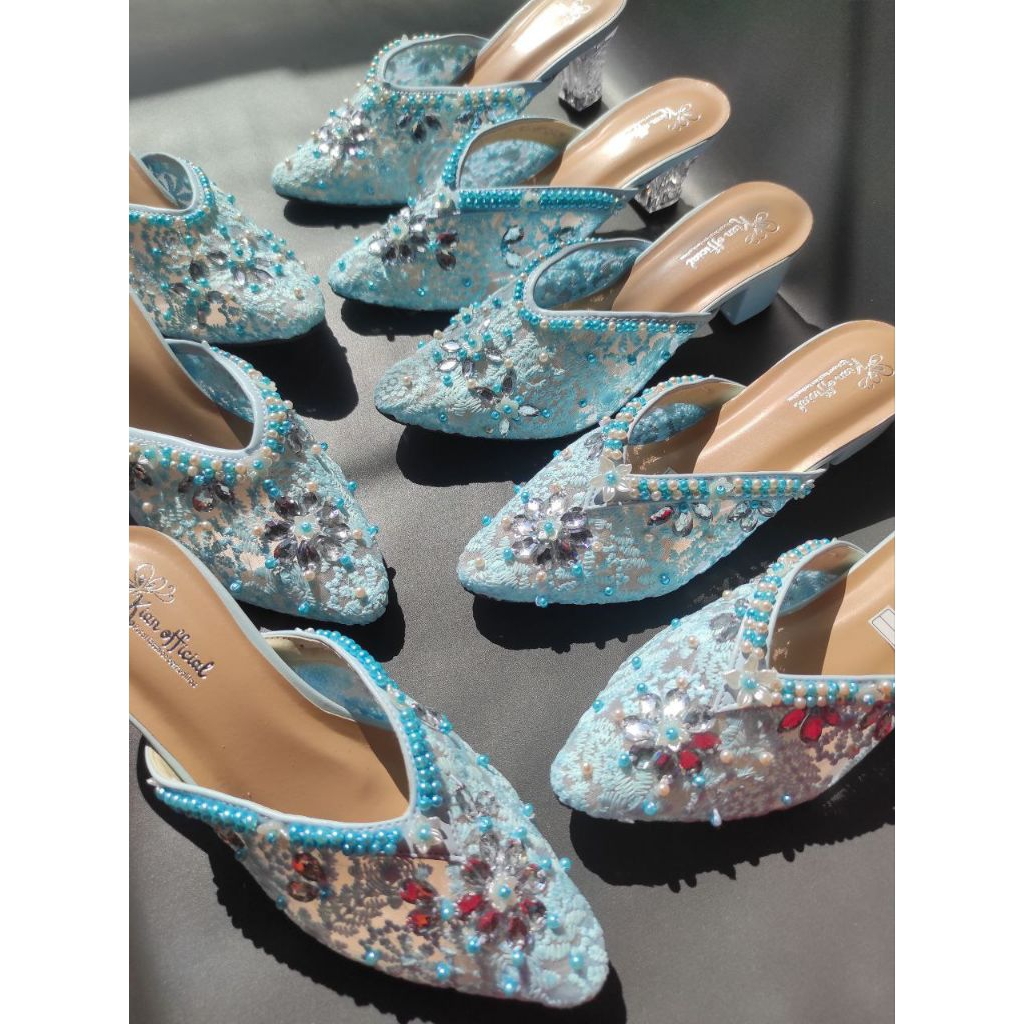 Termurah Heels BIRU MUDA series hak 1cm-7cm brukat payet mewah New series/ wedding shoes / sepatu pe