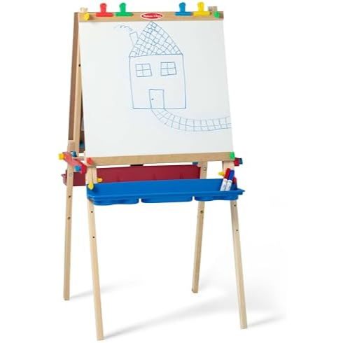 

Melissa & Doug Deluxe Standing Art Easel - Dry-Erase Board, Chalkboard, Paper Roller - FSC Certified