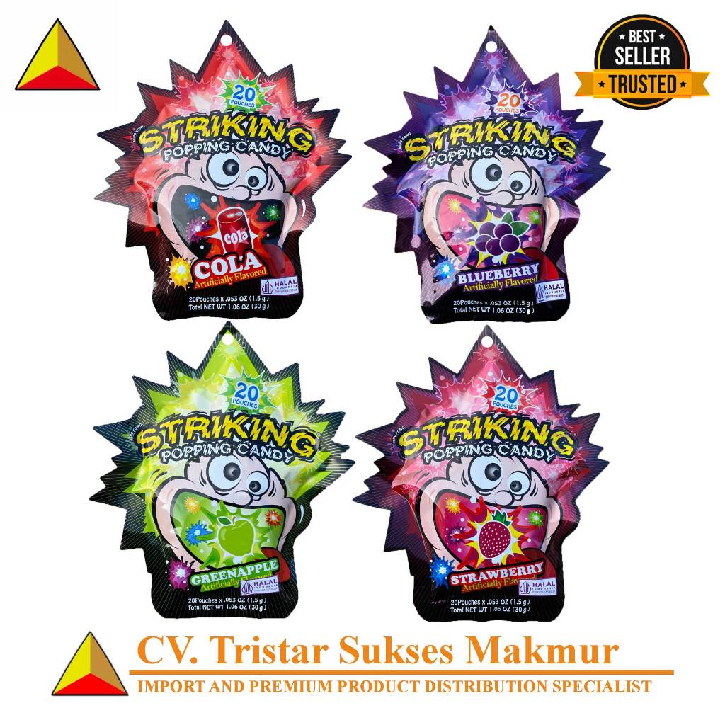 STRIKING Popping Candy – Permen Meletup Seru Rasa Green Apple, Strawberry, Cola & Blueberry