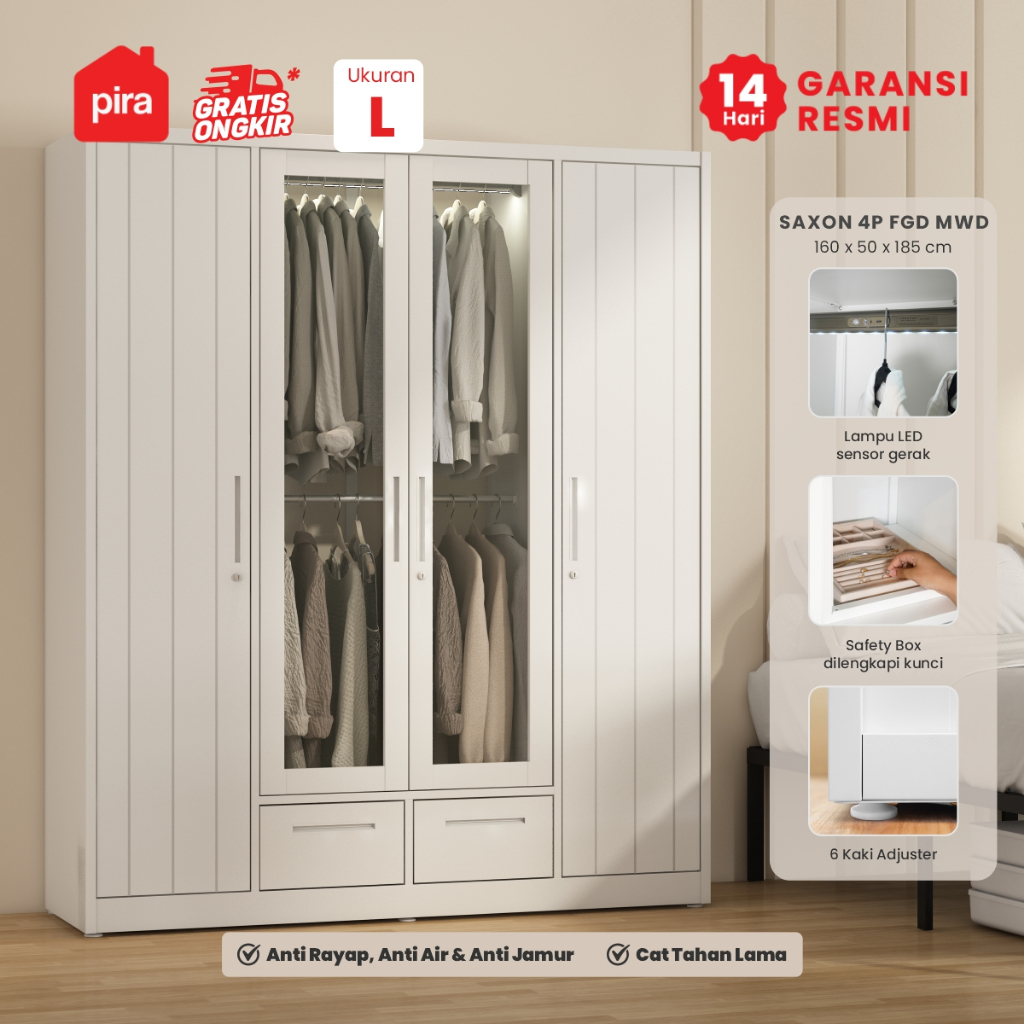 PIRA - SAXON 4P FGD MWD Lemari Pakaian Besi 4 Pintu dengan Laci dan LED