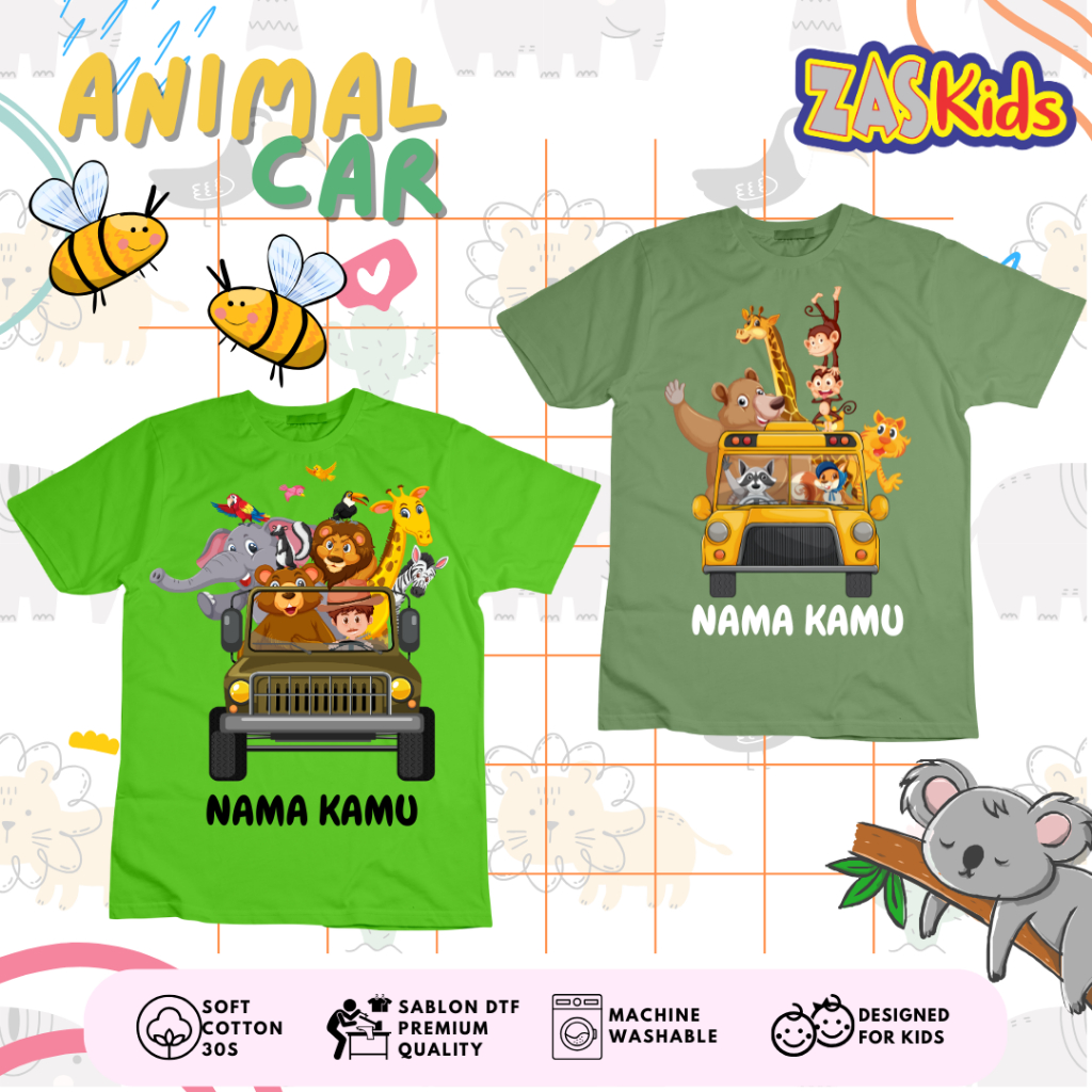 ZASKIDS II Kaos Anak ANIMAL CAR Gratis Cetak Nama | Baju Atasan Anak kartun Animal Car | Tshirt Fash