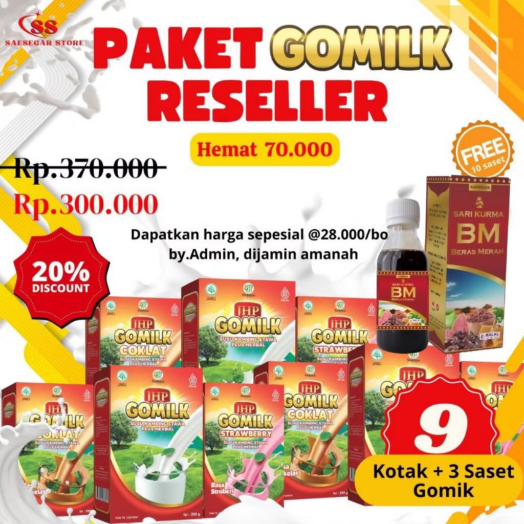 

Paket Reseller Susu Kambing Etawa Gomilk 9 kotak @200gr + 3 saset free Sari Kurma - Modal Usaha