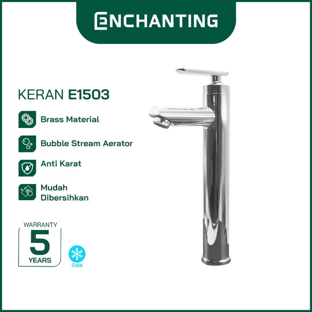 ENCHANTING Keran Air Wastafel Tanam Dingin Brass Material Kran Air Tinggi Kamar Mandi Chrome E1503