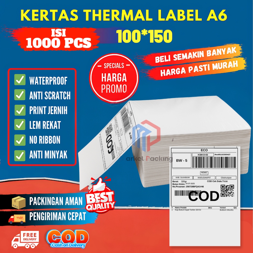 

KERTAS THERMAL 100X150 1000PCS LIPAT LABEL STICKER BARCODE UKURAN A6