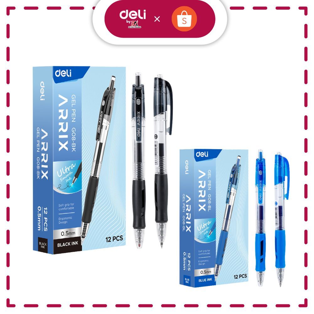 

Deli Gel pen 0.5mm warna hitam/biru Deli pulpen gel cetek 0.5mm 2 warna EG08-BK, EG08-BL