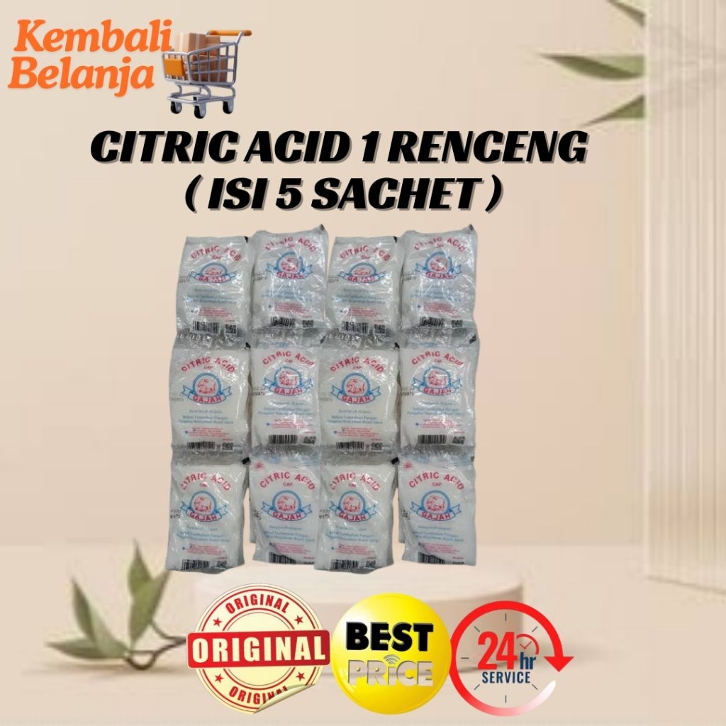 

Citric Acid 1 Renteng ( Isi 5 pcs @ 50 Gram) / Asam Sitrat/ Sitrun Cap Gajah/ Citrun Gajah