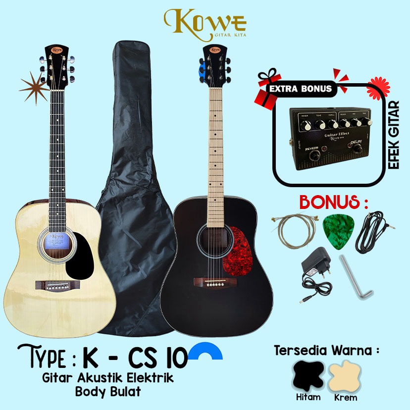 Kowe Gitar Seri K - CS 10 Akustik Elektrik EQ 7545R Paket Hemat Efek Delay dan Reverb