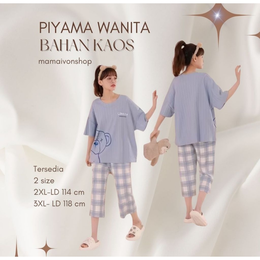[MIS3113] Piyama Baju Tidur OneSet Wanita Lengan Pendek Celana Selutut Kaos Knit