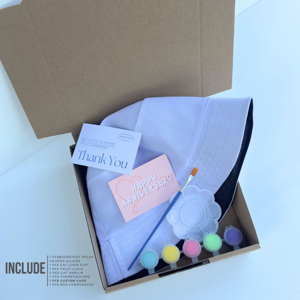 

DIY Hampers Melukis Buckethat Putih | Paket Cat Akrilik Lengkap | Kado Ulang Tahun | Giftbox Spesial