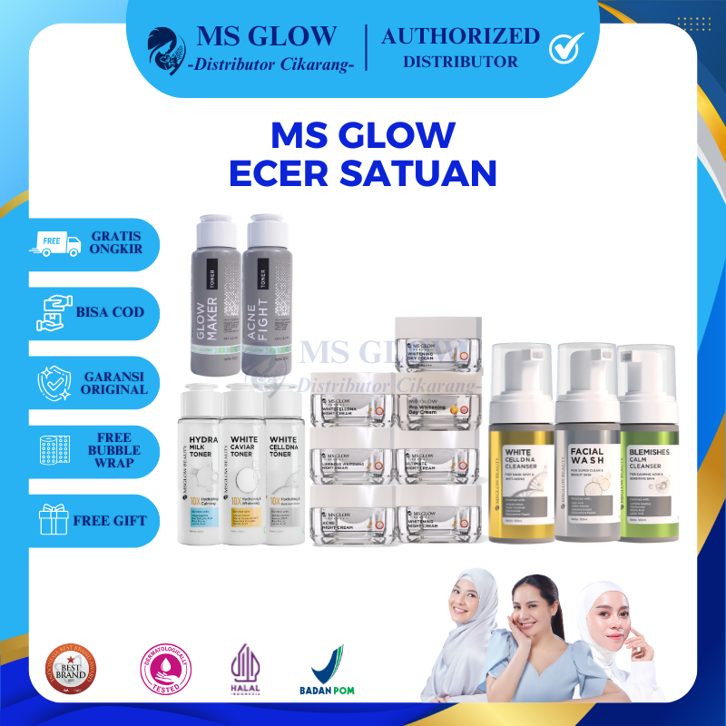MS GLOW ECER SATUAN FACIAL WASH, TONER, DAY CREAM DAN NIGHT CREAM