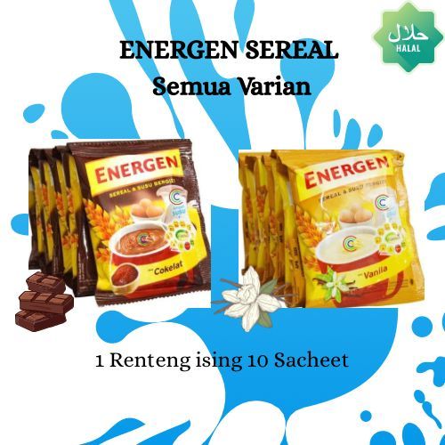 

ENERGEN SEREAL & SUSU VARIAN COKLAT, KACANG HIJAU, JAHE, VANILA ( 1 Renteng Isi 10 Sachet )
