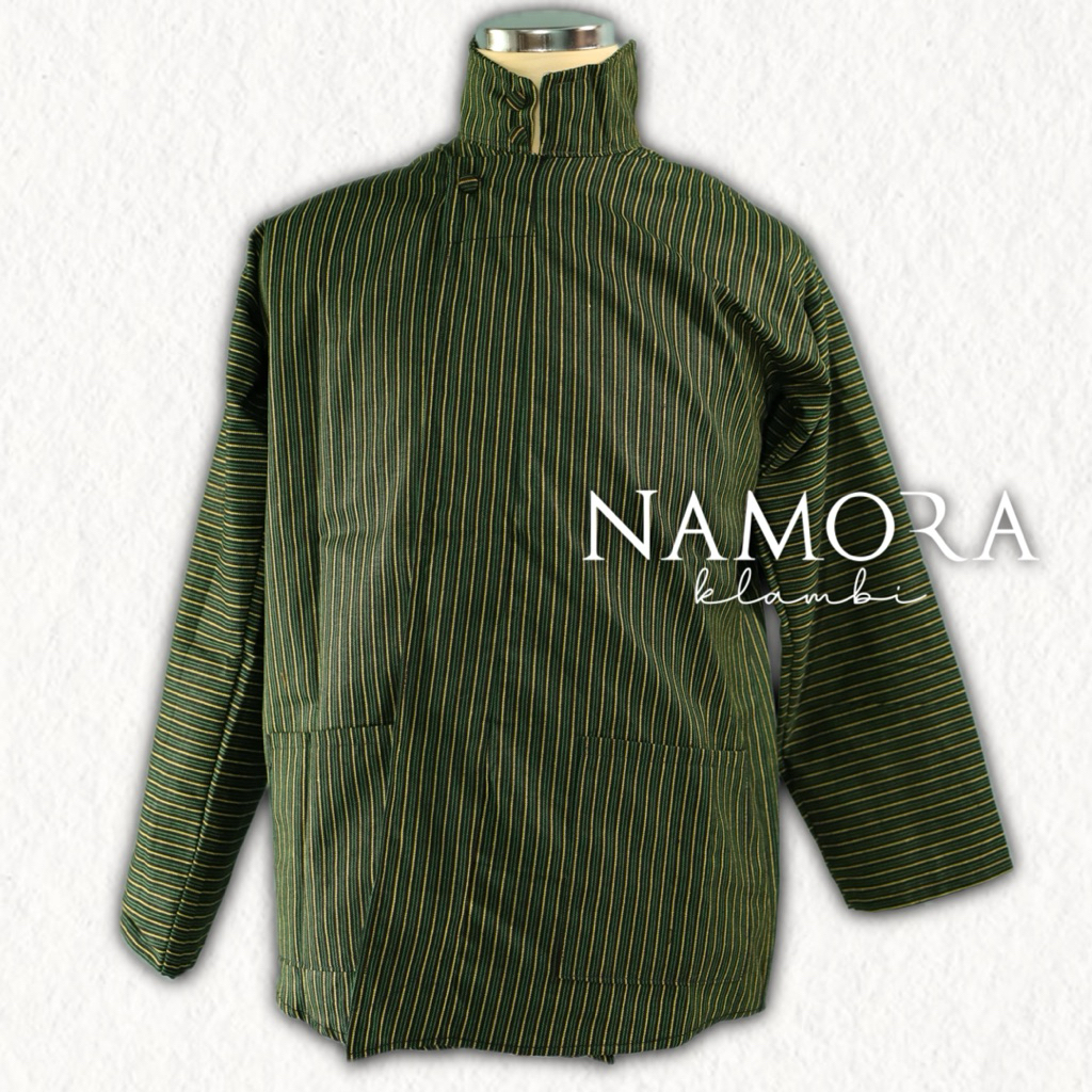 Baju Surjan Lurik Pakaian Adat Jawa Atasan Lengan Panjang Pria Dewasa Hijau Lurik Kecil