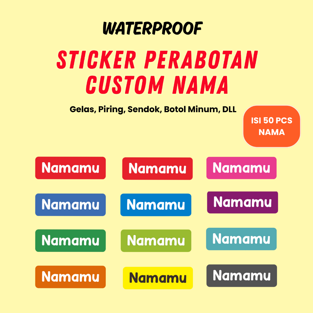

50 Pcs Stiker Barang Custom Nama Piring Sendok Botol Gelas Perabotan timbul waterproof label