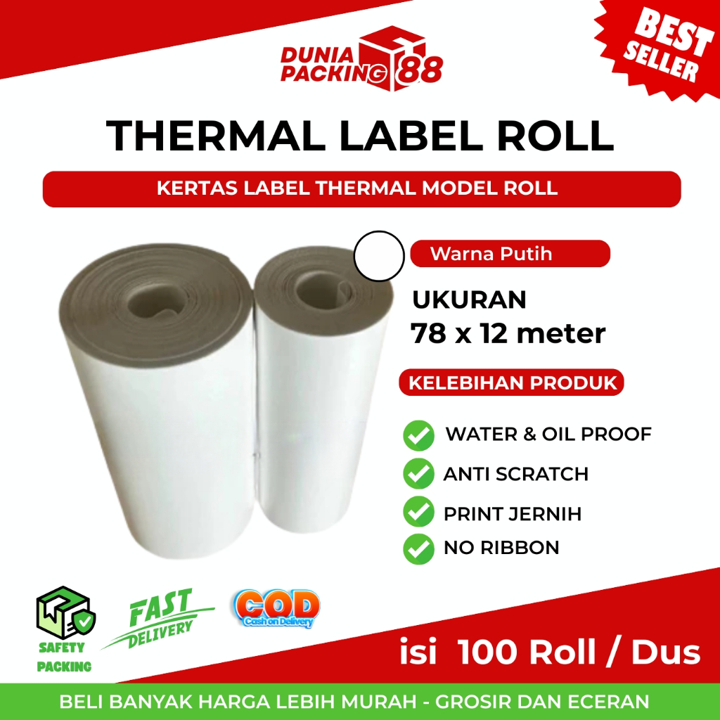 

LABEL THERMAL CONTINIOUS 78x12 Meter KERTAS STICKER BARCODE 78 mm x 12 Meter [DUNIA PACKING88]