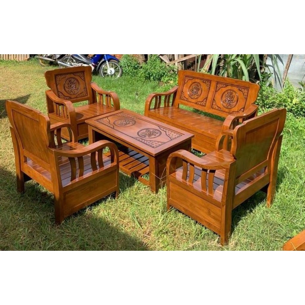 Set Kursi Tamu Jati Ukir Klasik Minimalis Meja Panjang – Furniture Ruang Tamu Elegan