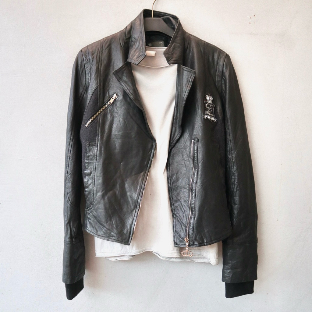 Exr Jaket kulit asli domba jaket ramones patch embos logo cewek biker wanita cropped jaket motor cro